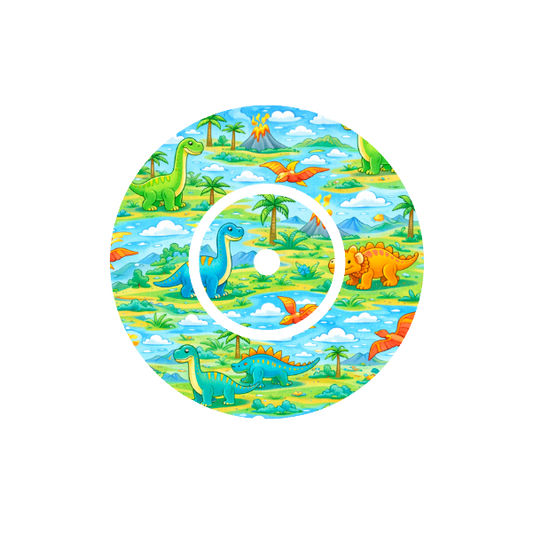 Circular shape colourful cartoon playful Dinosuars  on a repeated Island pattern with blue skies and a erupting volcano in the background fits FreeStyle Libre 2 device.