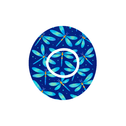 Dragonfly Glimmer CGM patch for Dexcom One+ — dragonflies pattern on dark blue background