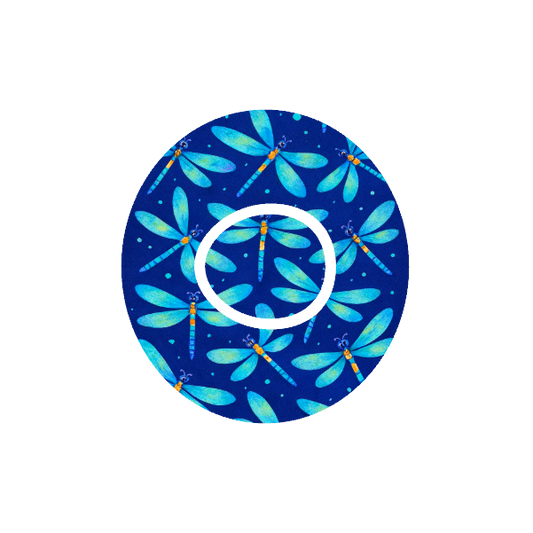 Dragonfly Glimmer CGM patch for Dexcom One+ — dragonflies pattern on dark blue background