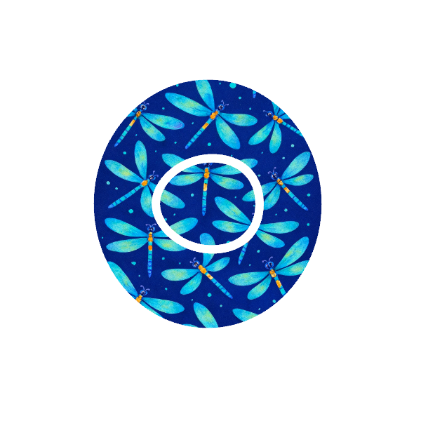 Circular design with multiply dragonflies in pattern on a dark blue background fits CGM Dexcom One+ and G7 device.