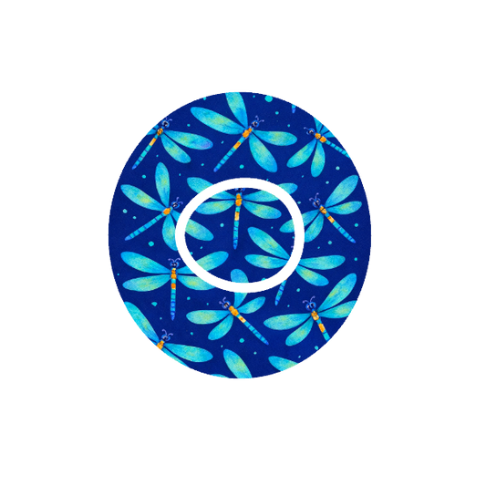 Circular design with multiply dragonflies in pattern on a dark blue background fits CGM Dexcom One+ and G7 device.
