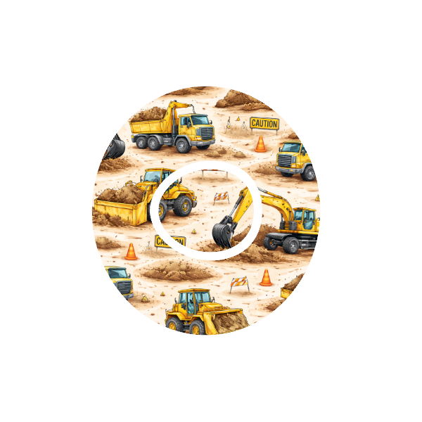 Earthworks Crew CGM patch for Dexcom One+ — construction vehicles on beige background