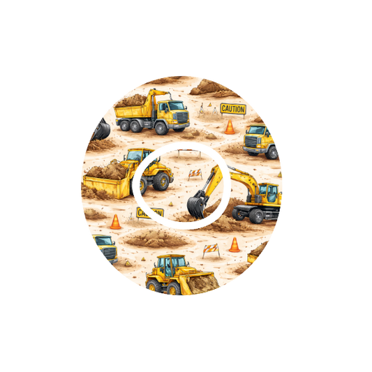 Earthworks Crew CGM patch for Dexcom One+ — construction vehicles on beige background