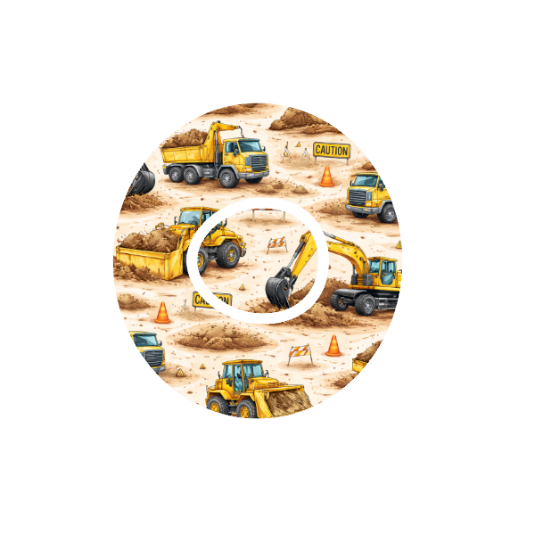 Circular design with construction vehicles on a beige background fits CGM Dexcom One+ and G7 device.