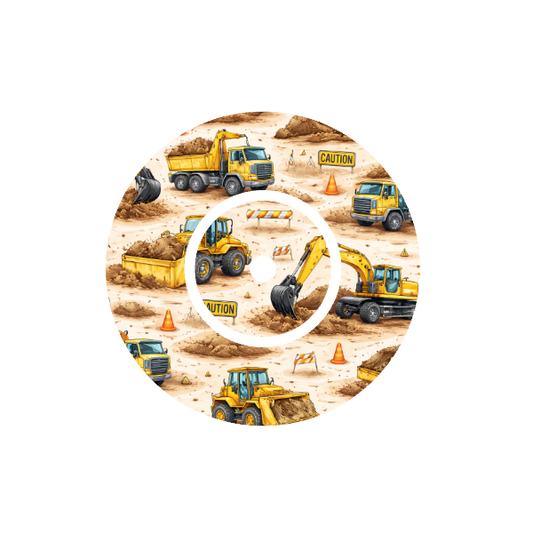 Circular design with construction vehicles on a beige background fits CGM FreeStyle Libre 2 device.