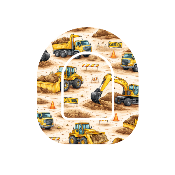 Earthworks Crew patch for Omnipod Insulin Pump — construction vehicles on beige background