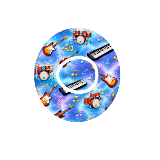 Circular design with musical instruments guitar, keyboard, bass and music notes on a dark blue background fits CGM Dexcom One+ and G7 device.