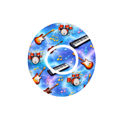 Circular design with musical instruments guitar, keyboard, bass and music notes on a dark blue background fits CGM Dexcom One+ and G7 device.