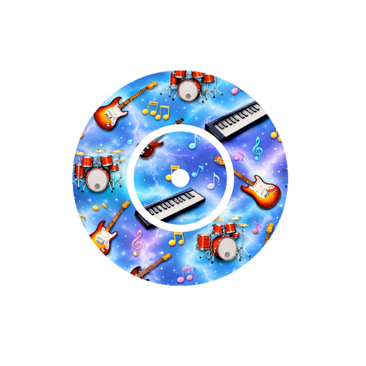 Circular design with musical instruments guitar, keyboard, bass and music notes on a dark blue background fits CGM FreeStyle Libre 2 device.