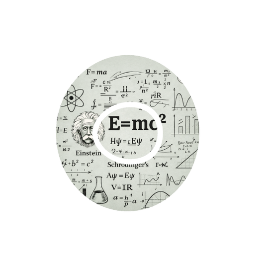 Circular design with Einstein's face and the equation E=mc² on a background of mathematical equations fits CGM Dexcom One+ and G7 device.
