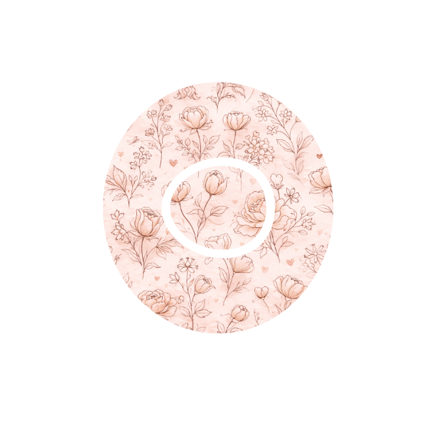 Circular design of floral vintage print in a pattern with a off white and light pink background fits CGM Dexcom One+ and G7 device.