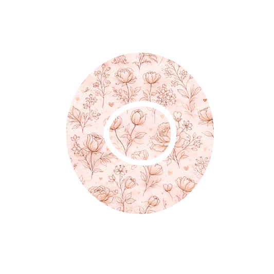 Circular design of floral vintage print in a pattern with a off white and light pink background fits CGM Dexcom One+ and G7 device.