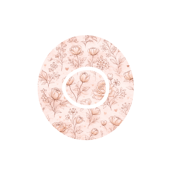 Circular design of floral vintage print in a pattern with a off white and light pink background fits CGM Dexcom One+ and G7 device.