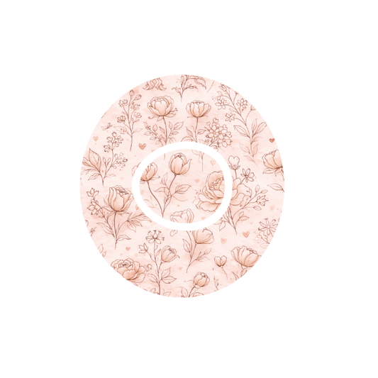 Circular design of floral vintage print in a pattern with a off white and light pink background fits CGM Dexcom One+ and G7 device.