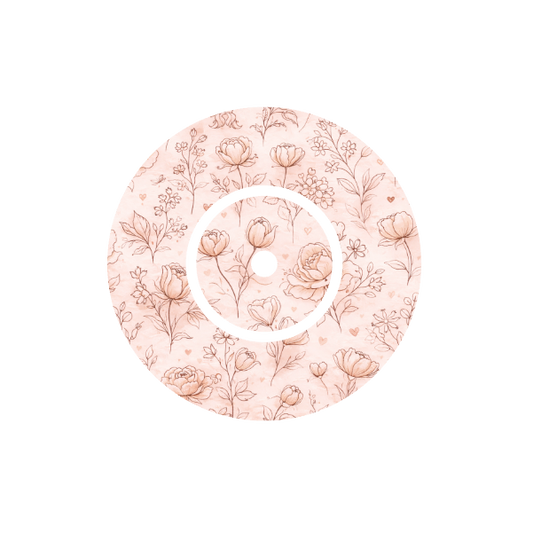 Circular design of floral vintage print in a pattern with a off white and light pink background fits CGM FreeStyle LIbre 2 device.