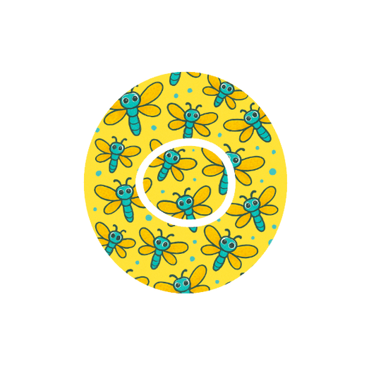 Golden Dragonflies CGM patch for Dexcom One+ — blue and yellow dragonflies on bright yellow background