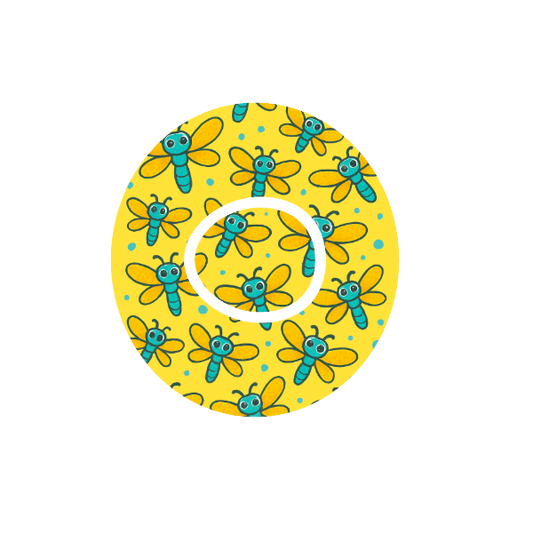 Circular shape blue and yellow dragonflies pattern bright yellow background fits CGM Dexcom One+ and G7 device.