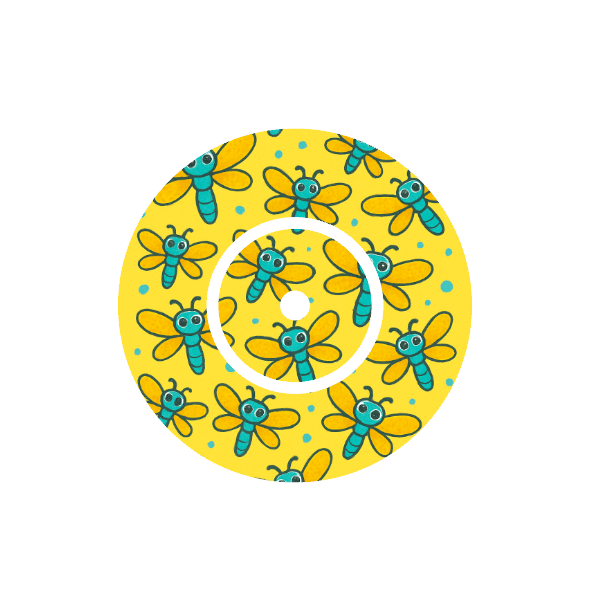 Circular shape blue and yellow dragonflies pattern bright yellow background fits CGM FreeStyle Libre 2 device