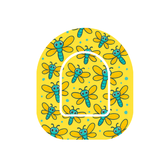 Golden Dragonflies patch for Omnipod Insulin Pump — blue and yellow dragonflies on bright yellow background