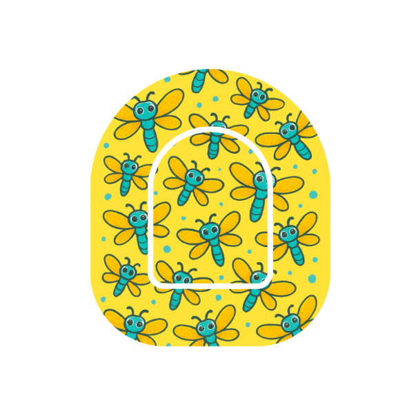Golden Dragonflies patch for Omnipod Insulin Pump — blue and yellow dragonflies on bright yellow background