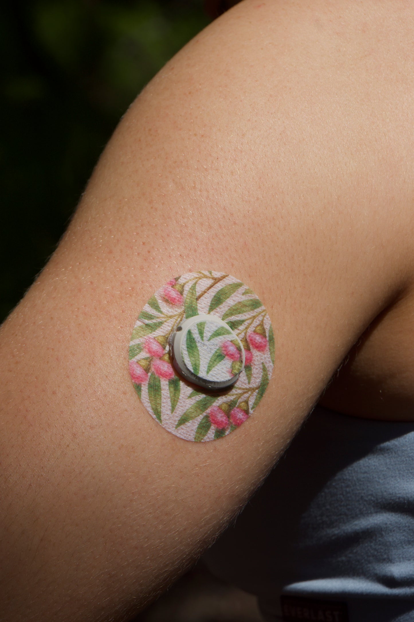 CGM Patch on upper arm. Pretty gumnuts and eucalyptus leaves. Dexcom One + device.