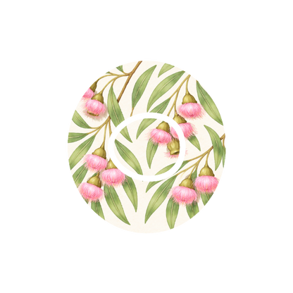Gumnuts in Bloom CGM patch for Dexcom One+ — soft pink eucalyptus flowers and green leaves on white