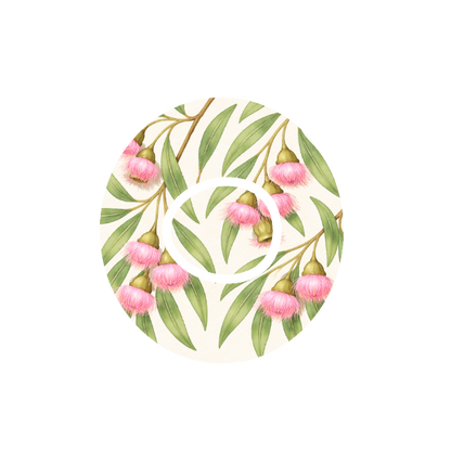 Gumnuts in Bloom CGM patch for Dexcom G7 — soft pink eucalyptus flowers and green leaves on white