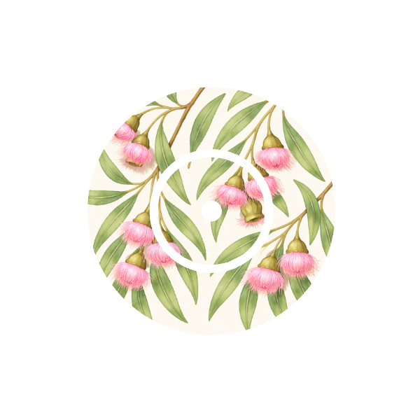 Circular design with soft  pink eucalyptus flowers and green leaves on a white background fits CGM FreeStyle Libre 2 device.