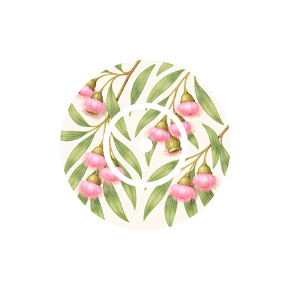 Gumnuts in Bloom CGM patch for FreeStyle Libre 2 — soft pink eucalyptus flowers and green leaves on white