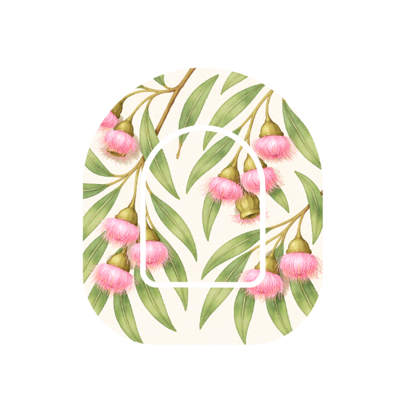Gumnuts in Bloom patch for Omnipod Insulin Pump — soft pink eucalyptus flowers and green leaves on white