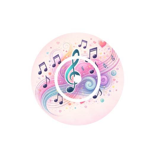 Circular design with colourful musical notes and symbols on a blush background fits CGM FreeStyle Libre 2 device.
