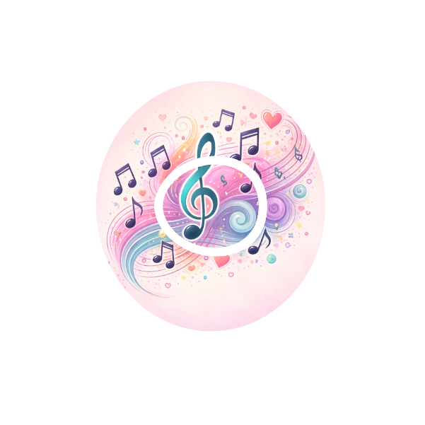 Circular design with colourful musical notes and symbols on a blush background fits CGM Dexcom One+ and G7 device.