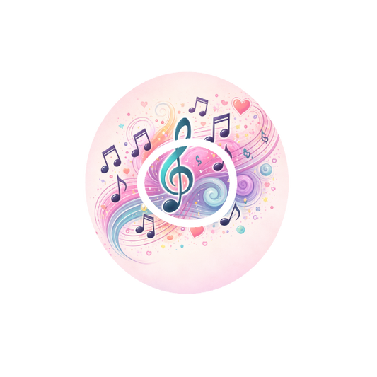 Circular design with colourful musical notes and symbols on a blush background fits CGM Dexcom One+ and G7 device.