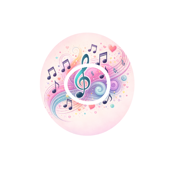 Circular design with colourful musical notes and symbols on a blush background fits CGM Dexcom One+ and G7 device.