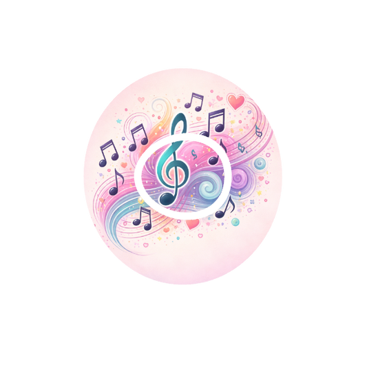 Circular design with colourful musical notes and symbols on a blush background fits CGM Dexcom One+ and G7 device.