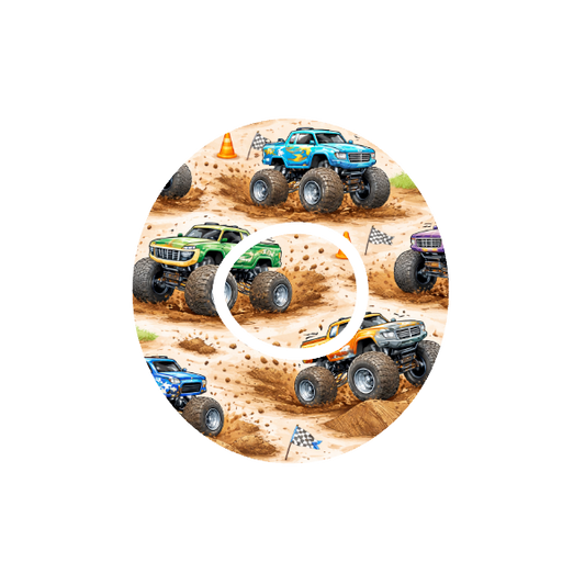 Monster Truck Madness CGM patch for Dexcom One+ — monster trucks on dirt track