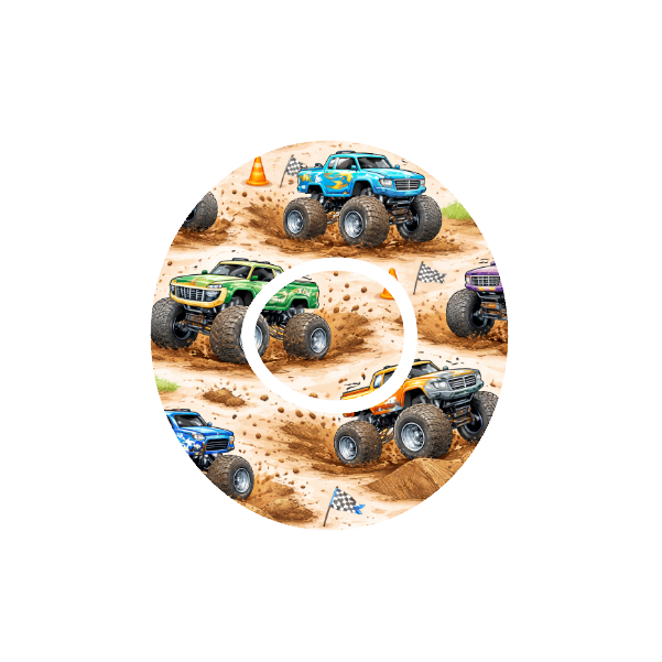 Monster Truck Madness CGM patch for Dexcom G7 — monster trucks on dirt track