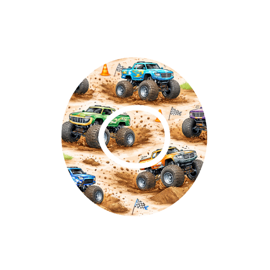 Circular design of monster trucks on a dirt track with a off white background fits CGM Dexcom One+ and G7 device.