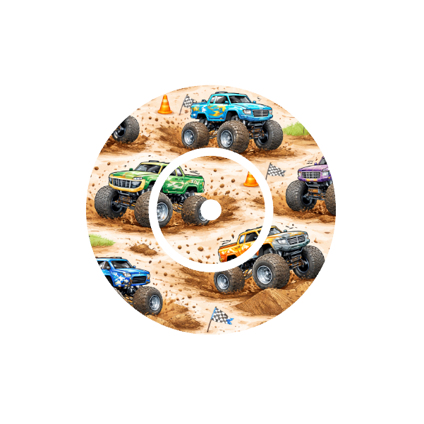 Circular design of monster trucks on a dirt track with a off white background fits CGM FreeStyle Libre 2 device