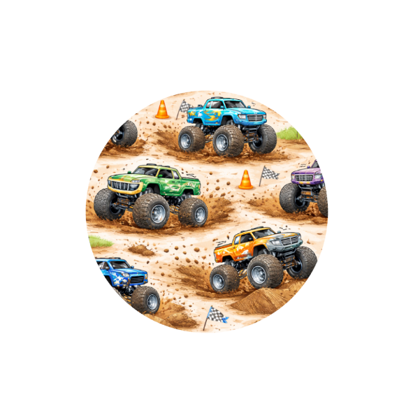 Monster Truck Madness Hug Patch featuring colourful monster trucks compatible with Medtronic Guardian 4 CGM by Stick By Me