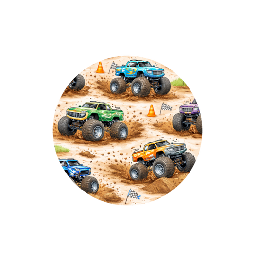 Monster Truck Madness Hug Patch featuring colourful monster trucks compatible with Medtronic Guardian 4 CGM by Stick By Me