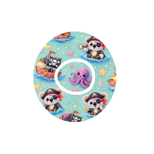 Circular design with cartoon binki  the koala as a pirate at sea on a ship with stars and Octopus and pirate flag on a night blue background fits CGM Dexcom One+ and G7 device.