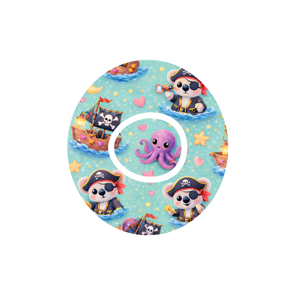 Circular design with cartoon binki  the koala as a pirate at sea on a ship with stars and Octopus and pirate flag on a night blue background fits CGM Dexcom One+ and G7 device.