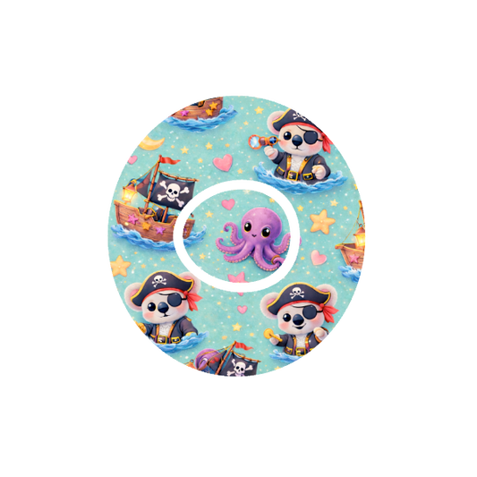 Circular design with cartoon binki  the koala as a pirate at sea on a ship with stars and Octopus and pirate flag on a night blue background fits CGM Dexcom One+ and G7 device.