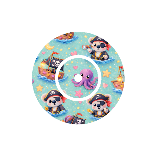 Circular design with cartoon binki  the koala as a pirate at sea on a ship with stars and Octopus and pirate flag on a night blue background fits CGM FreeStyle Libre 2 device.
