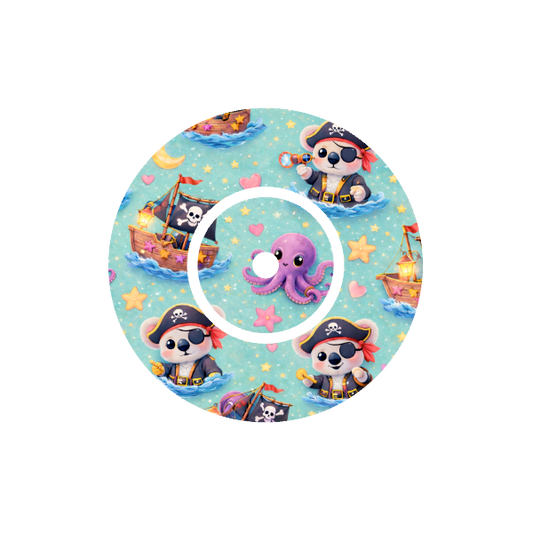 Circular design with cartoon binki  the koala as a pirate at sea on a ship with stars and Octopus and pirate flag on a night blue background fits CGM FreeStyle Libre 2 device.