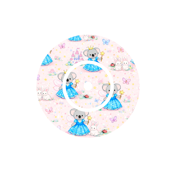 Circular shape Binki the koala dressed as a princess surrounded by lady bugs and butterflies with castles and a blue background fits CGM FreeStyle Libre 2 device.