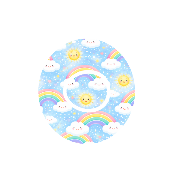 Rainbow Days CGM patch for Dexcom One+ — cartoon suns, clouds and rainbows on light blue background
