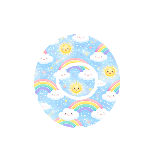 Rainbow Days CGM patch for Dexcom One+ — cartoon suns, clouds and rainbows on light blue background
