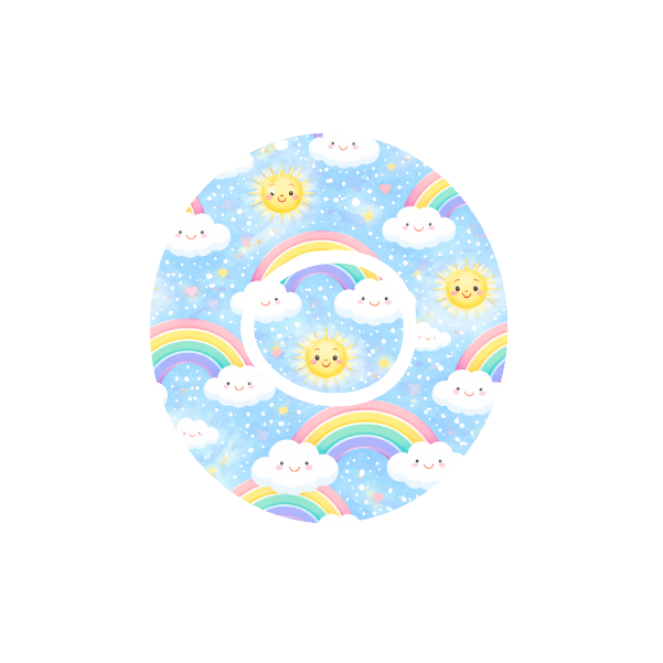 Circular design with cartoon suns, clouds, and rainbows on a light blue background fits CGM Dexcom One+ and G7 device.